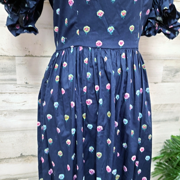 Vintage Mary Blair Navy Blue Floral Print Puff Sleeve Dress - Picture 2 of 5